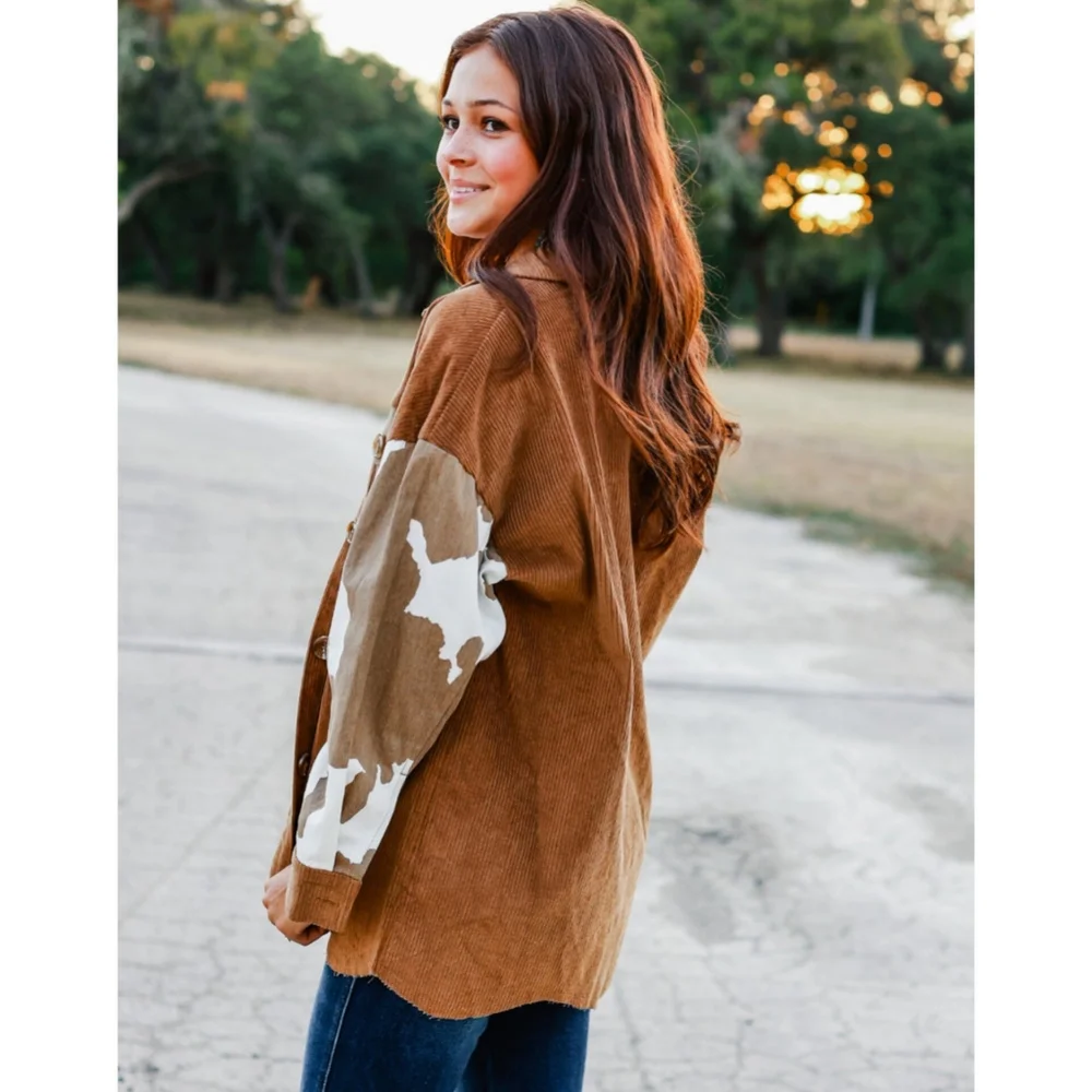 . Boutique Brown Cow Print Oversized Button Up Long Sleeve Corduroy Shacket - Picture 7 of 14